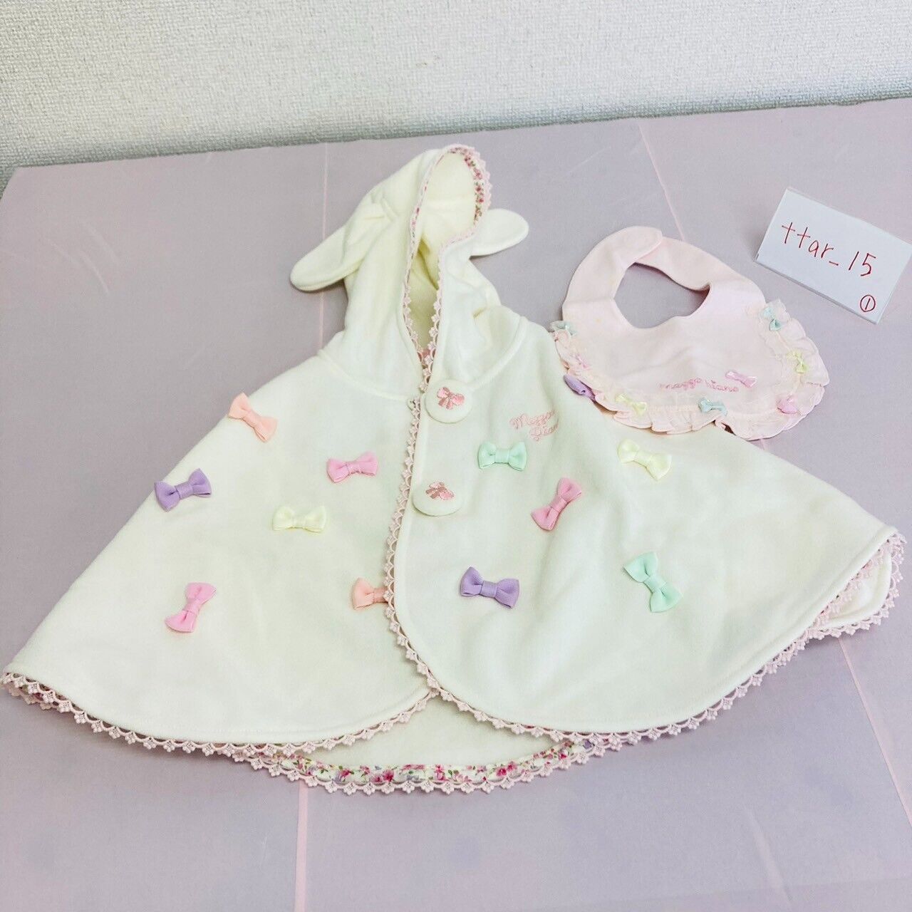 Mezzo Piano Baby Cape Bib Set 2 White Pink Colorful Ribbon Ear Frill Kawaii Rare