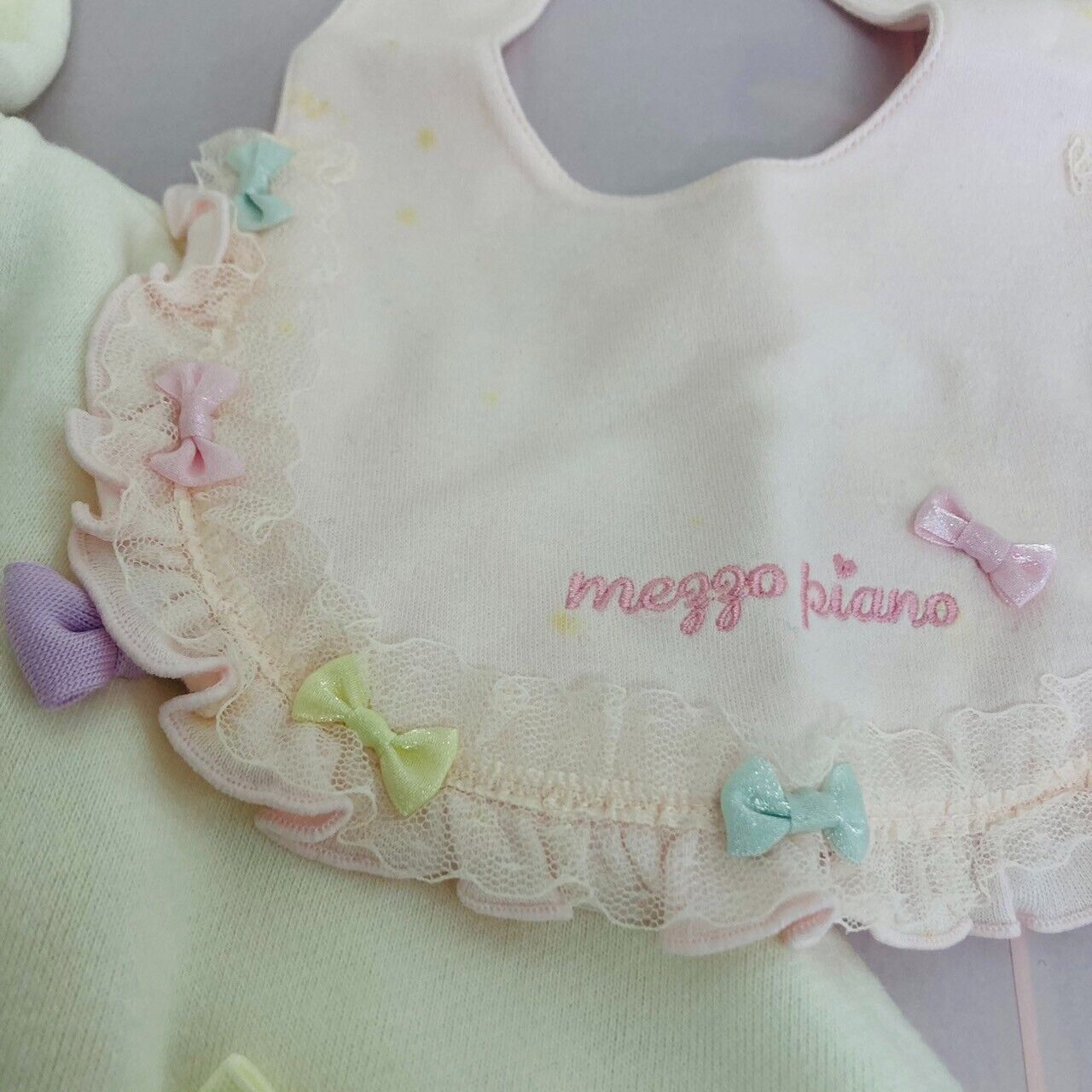 Mezzo Piano Baby Cape Bib Set 2 White Pink Colorful Ribbon Ear Frill Kawaii Rare