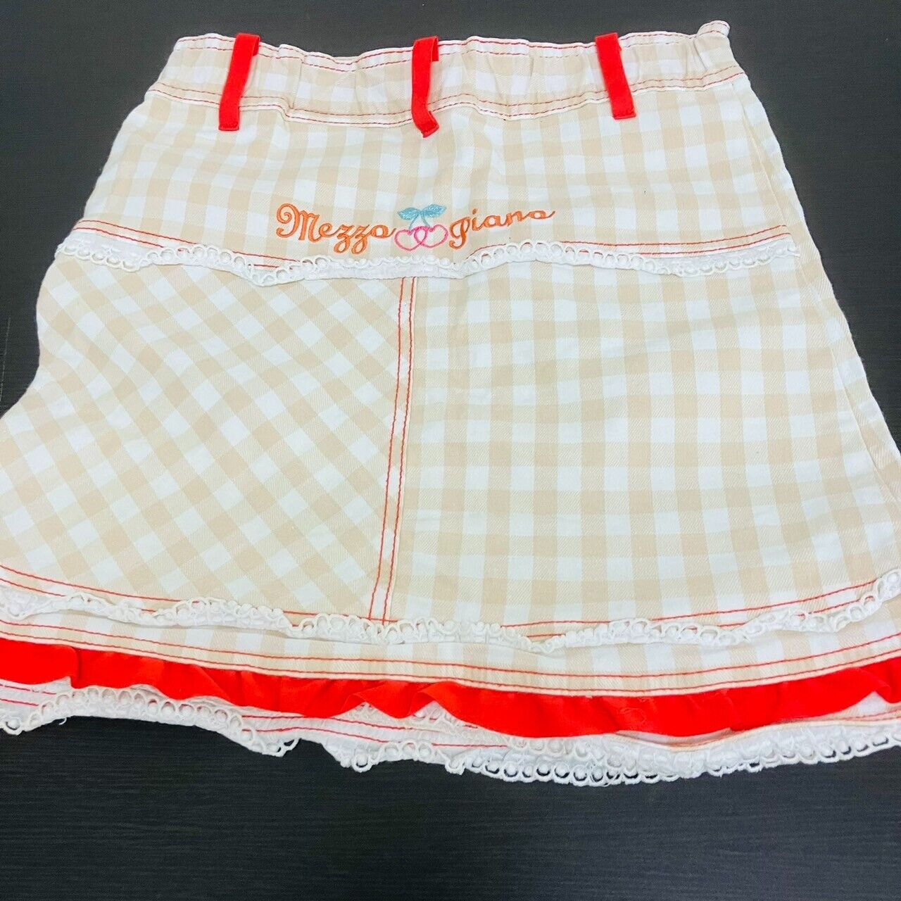 Mezzo Piano Denim Skirt 120 Size Light Brown Plaid Heart Red Frill Cherry Rare