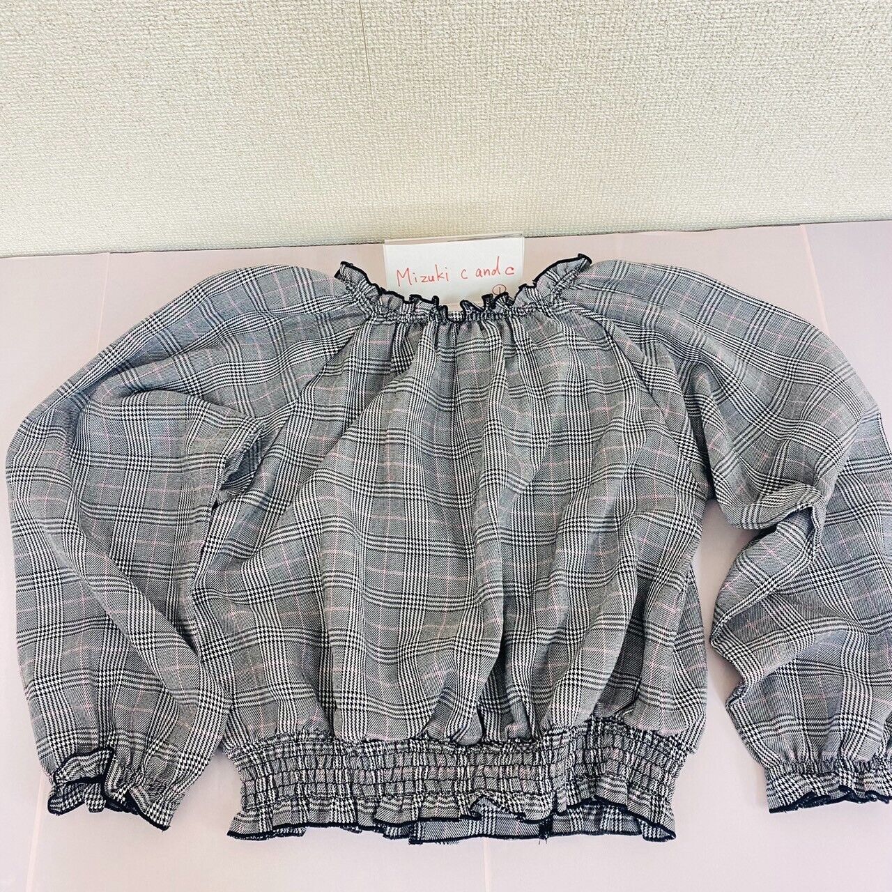 Mezzo Piano Long Sleeve Tops 150cm Black Gray Plaid Ribbon Frill Girls Kawaii