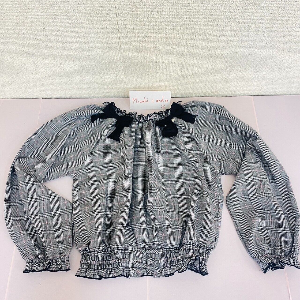 Mezzo Piano Long Sleeve Tops 150cm Black Gray Plaid Ribbon Frill Girls Kawaii