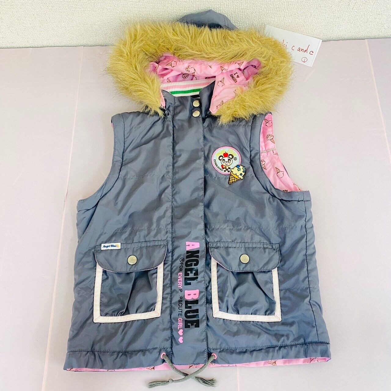 Angel Blue Reversible Vest 140cm Gray Pink Ice Cream Panda 1989 Hood Sleeveless