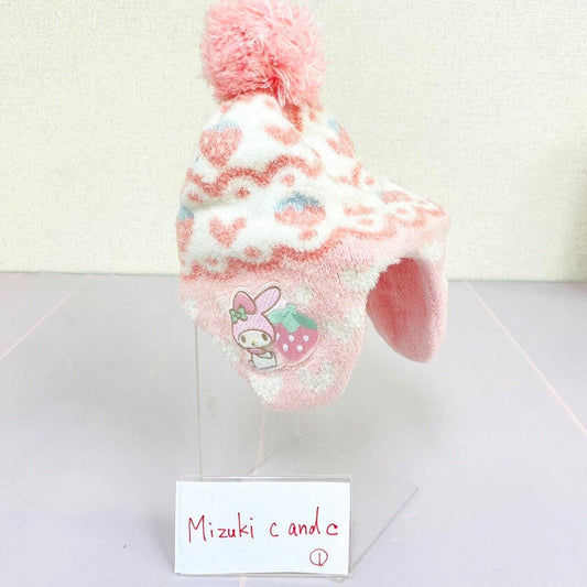 Sanrio My Melody Knit Hat Pink White Glitter Fluffy Warm Strawberry Rabbit Heart