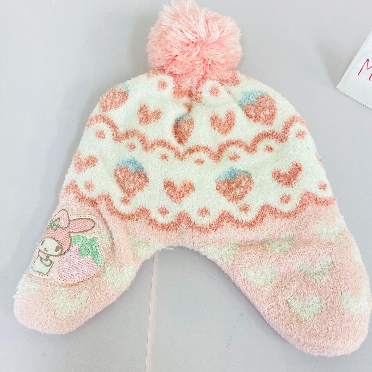 Sanrio My Melody Knit Hat Pink White Glitter Fluffy Warm Strawberry Rabbit Heart