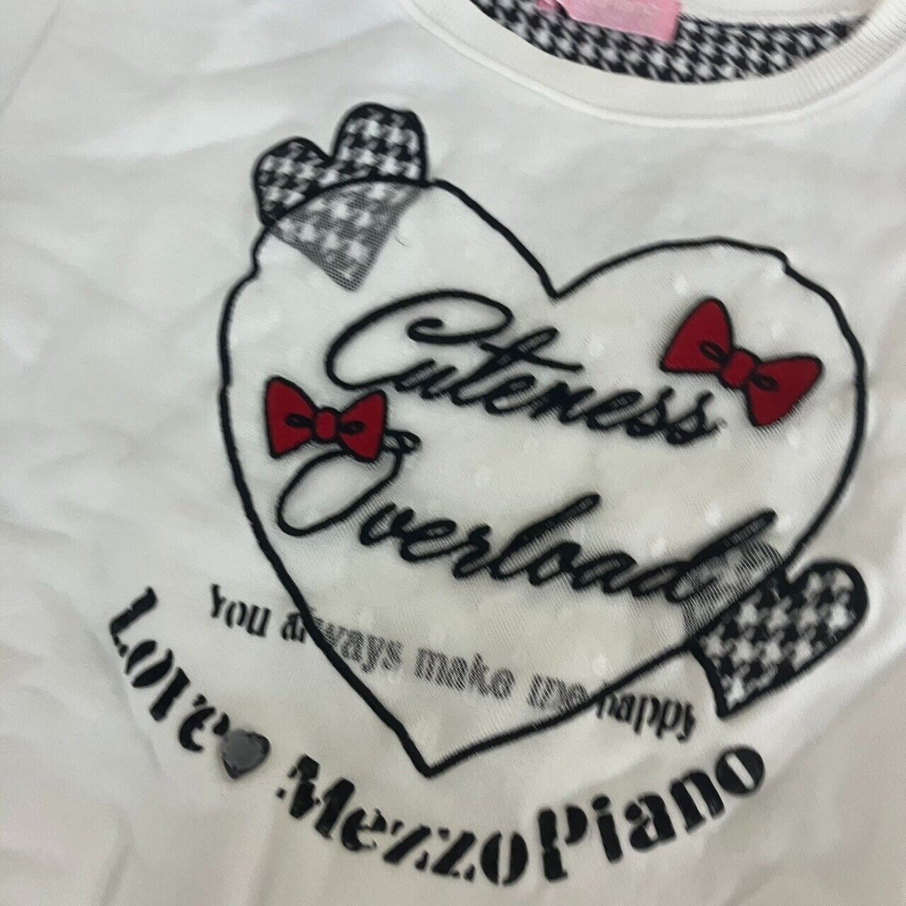 Mezzo Piano Long Sleeve T-shirt 165cm White Black Ribbon Heart Clothing Tops LL