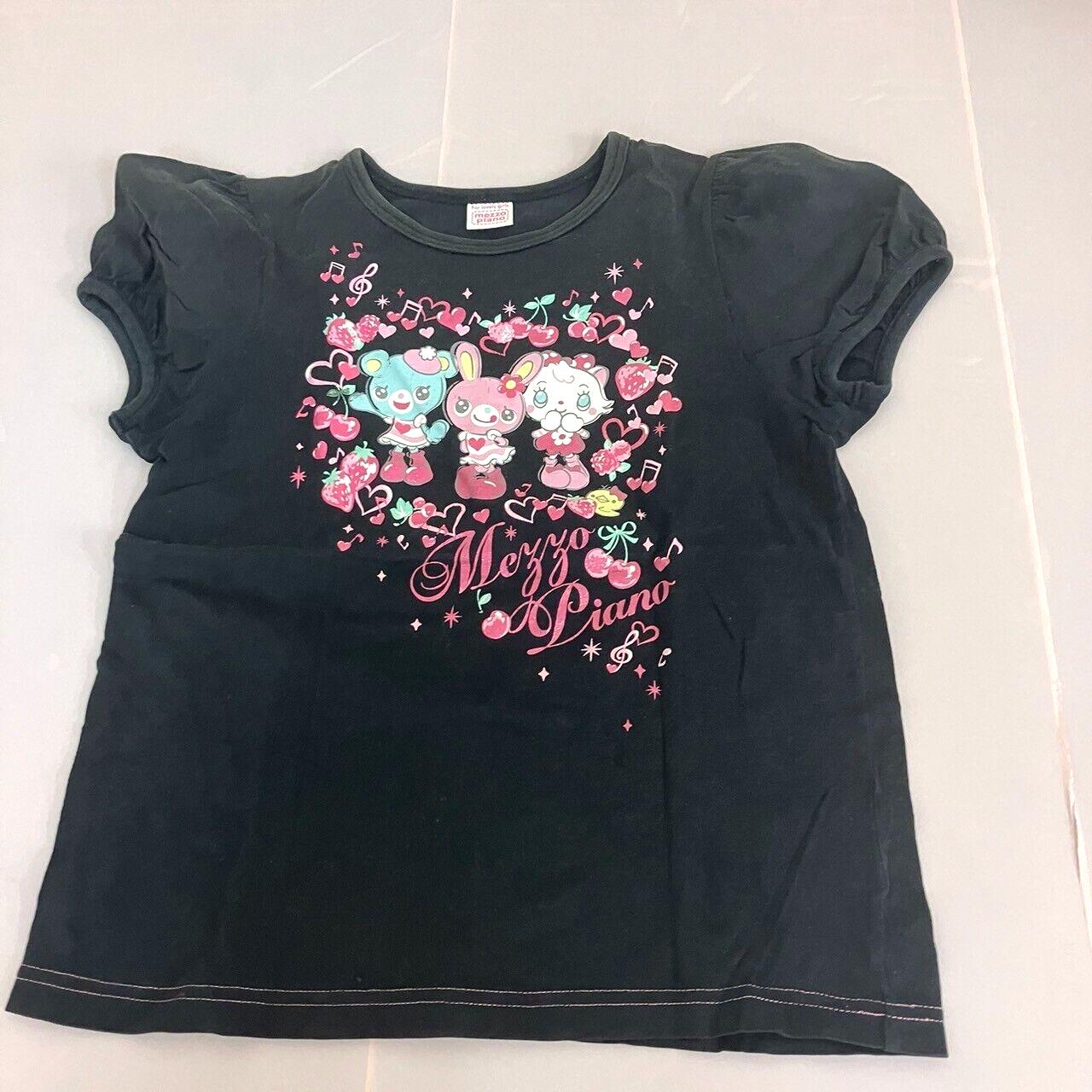 Mezzo Piano T-shirt Tops Black 140cm Mimi Popo Heart Cherry Strawberry Animals