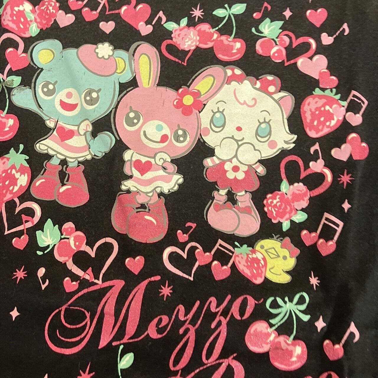 Mezzo Piano T-shirt Tops Black 140cm Mimi Popo Heart Cherry Strawberry Animals