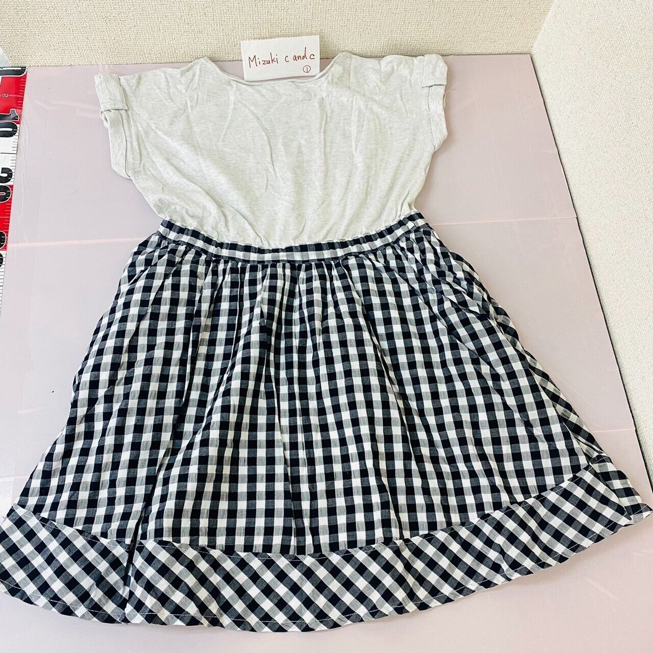 Mezzo Piano Dress 160 Size Short Sleeve Check Lined Pocket Gray Black White Rare