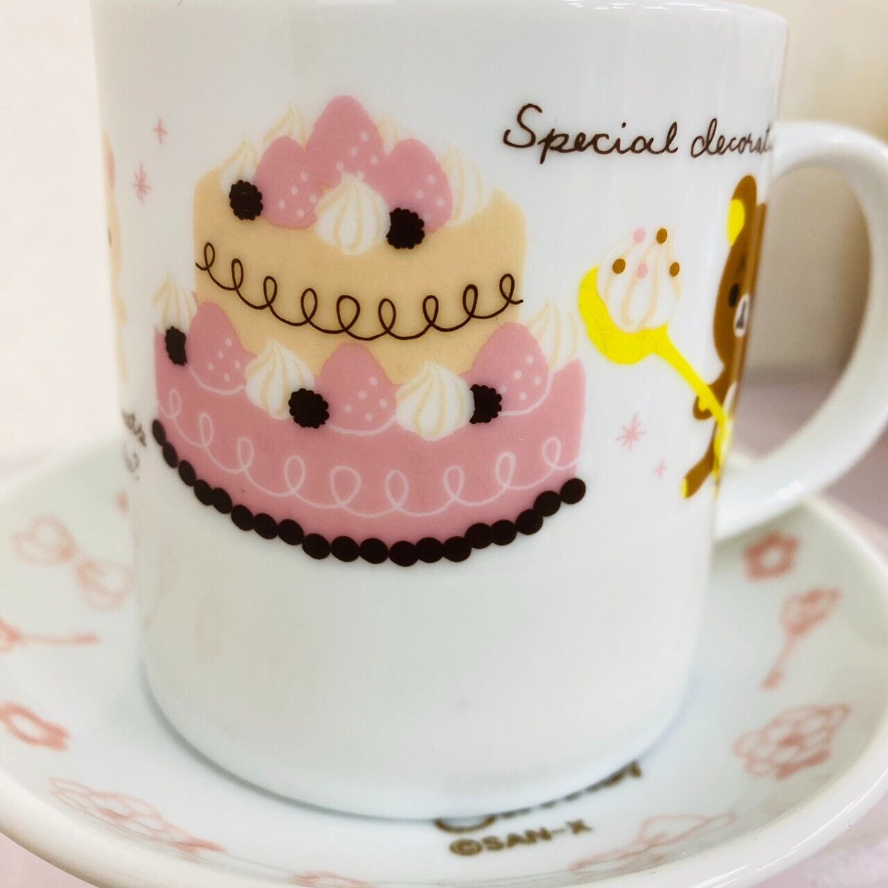 Rilakkuma Korilakkuma San-X Mug Cup Saucer Set 2 Bear Cake Heart White Key Rare