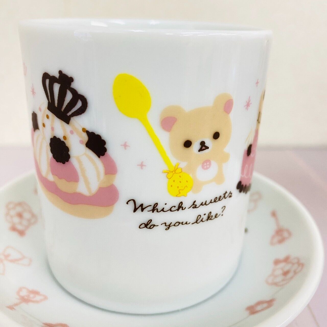 Rilakkuma Korilakkuma San-X Mug Cup Saucer Set 2 Bear Cake Heart White Key Rare