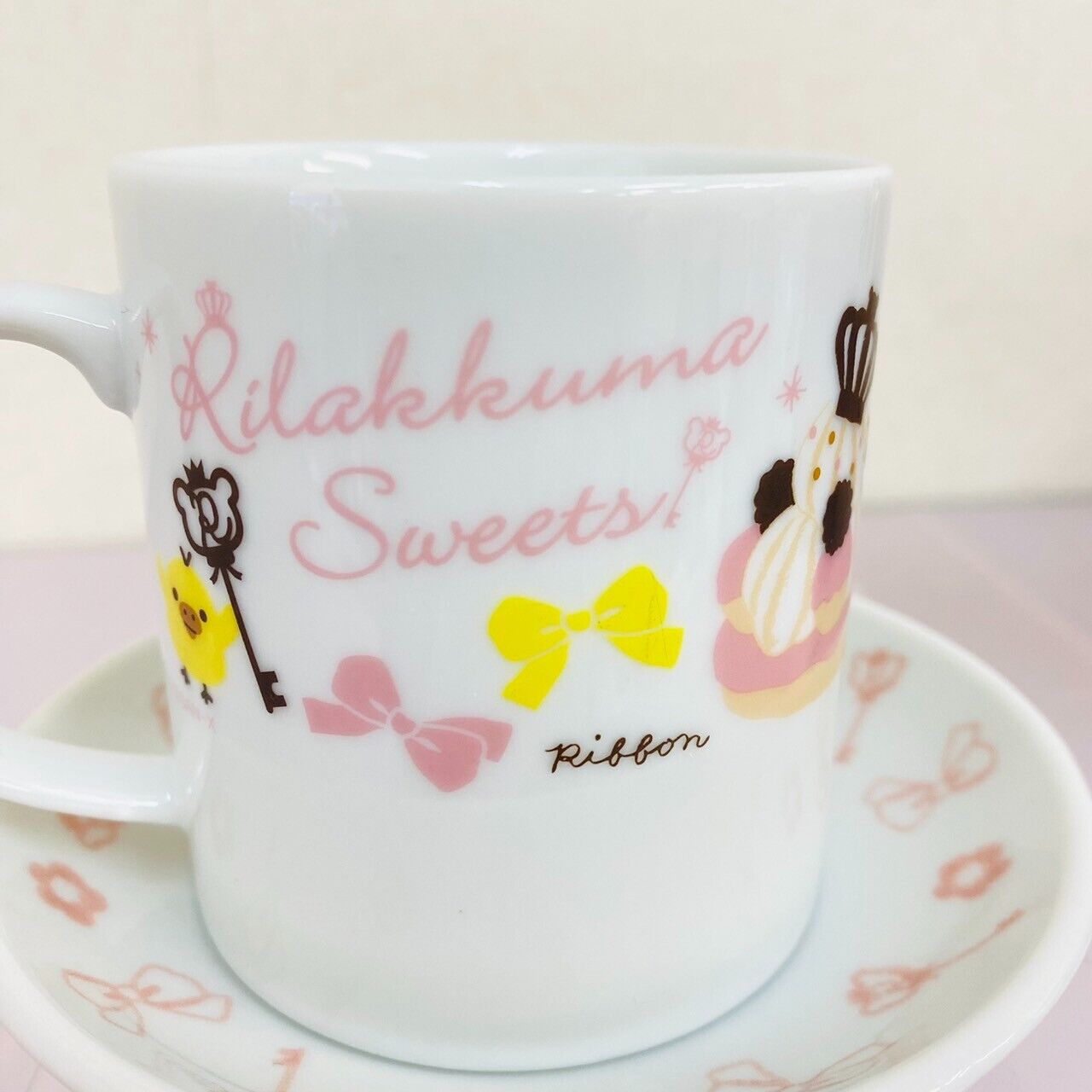 Rilakkuma Korilakkuma San-X Mug Cup Saucer Set 2 Bear Cake Heart White Key Rare