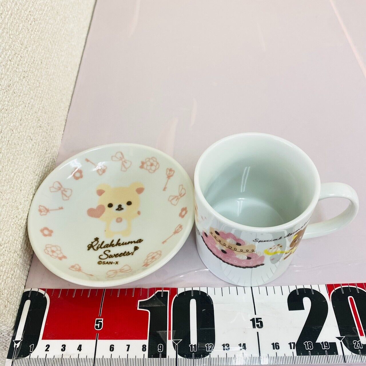 Rilakkuma Korilakkuma San-X Mug Cup Saucer Set 2 Bear Cake Heart White Key Rare