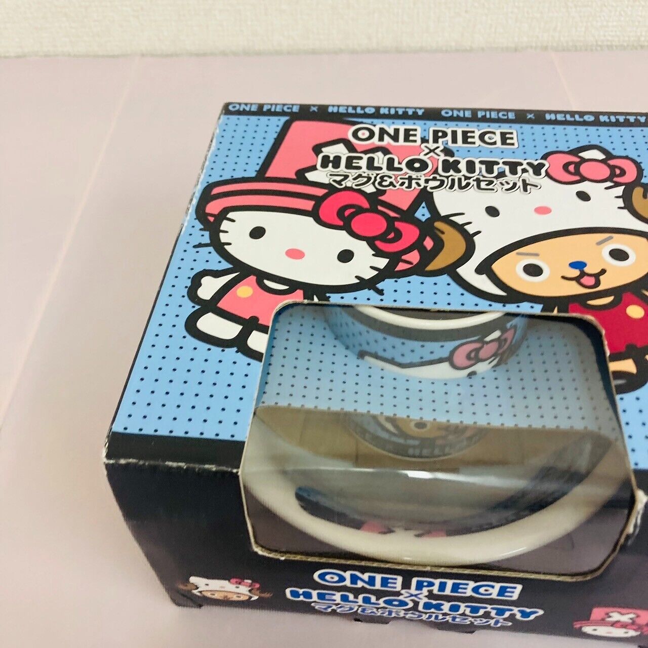 Sanrio Hello Kitty Tony Tony Chopper Mug Cup Bowl 2 Set One Piece Dot Blue Rare