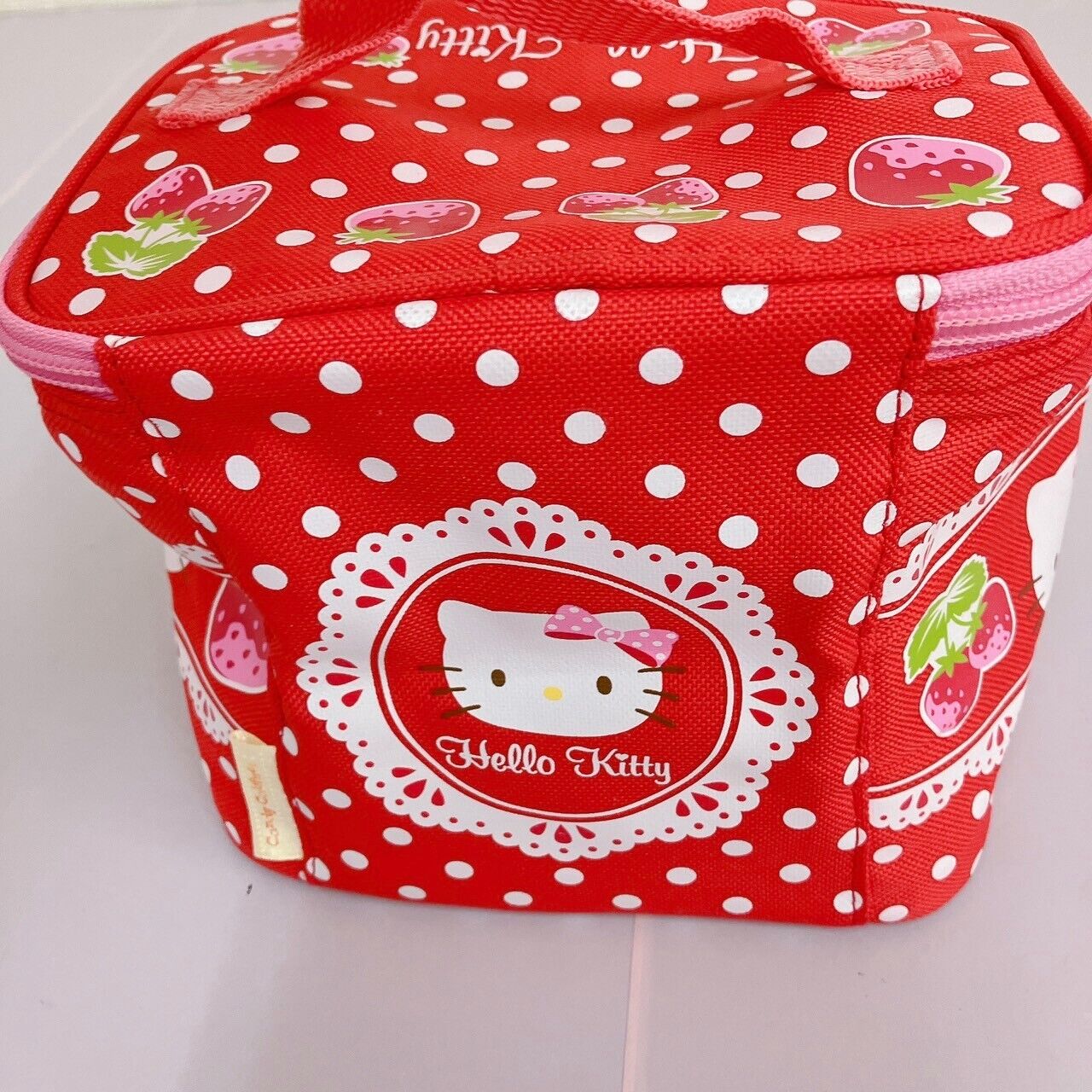 Sanrio Hello Kitty Vanity Pouch Strawberry Red Pink Lace Zipper Dot Kawaii Rare