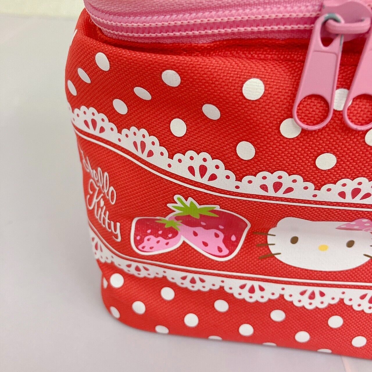 Sanrio Hello Kitty Vanity Pouch Strawberry Red Pink Lace Zipper Dot Kawaii Rare