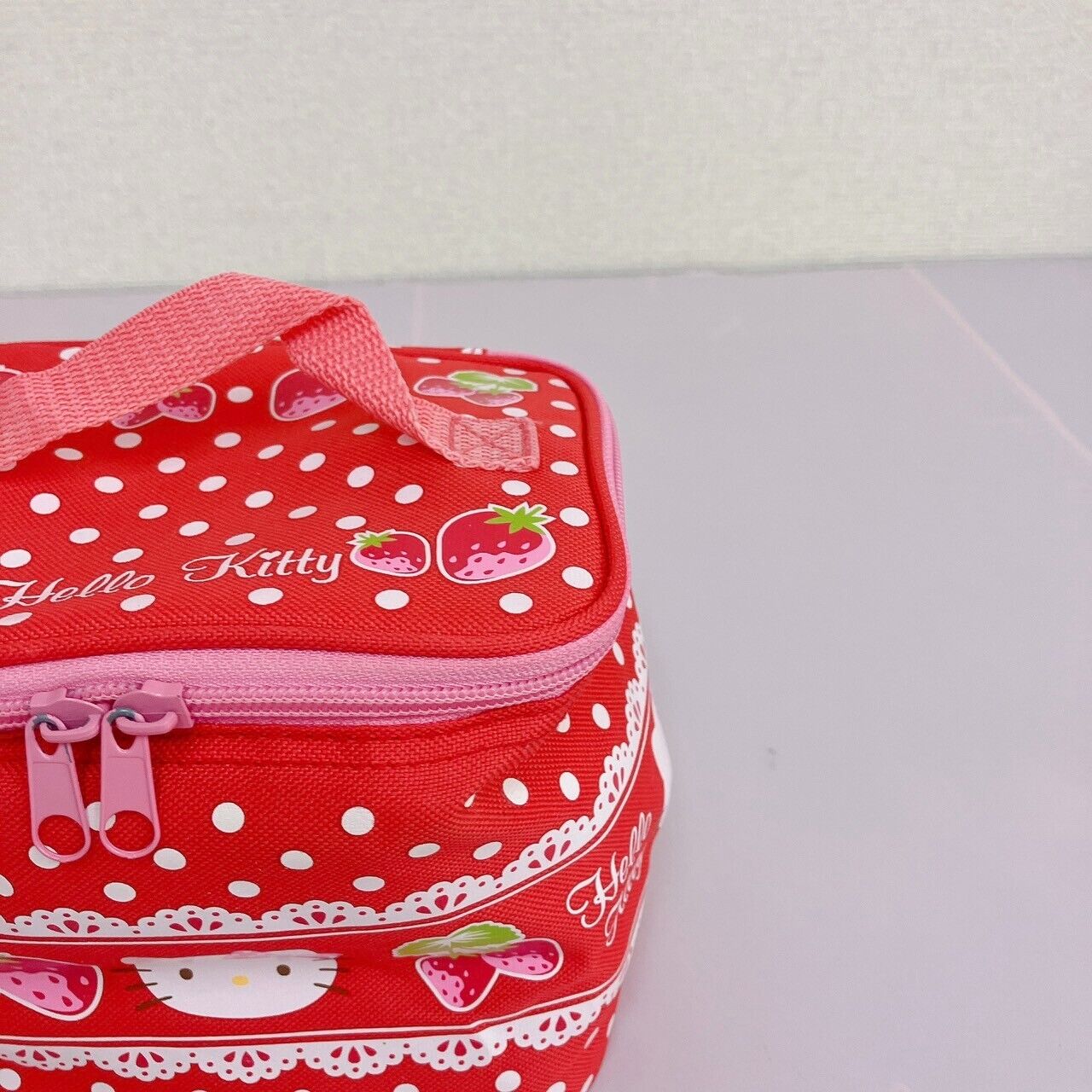 Sanrio Hello Kitty Vanity Pouch Strawberry Red Pink Lace Zipper Dot Kawaii Rare