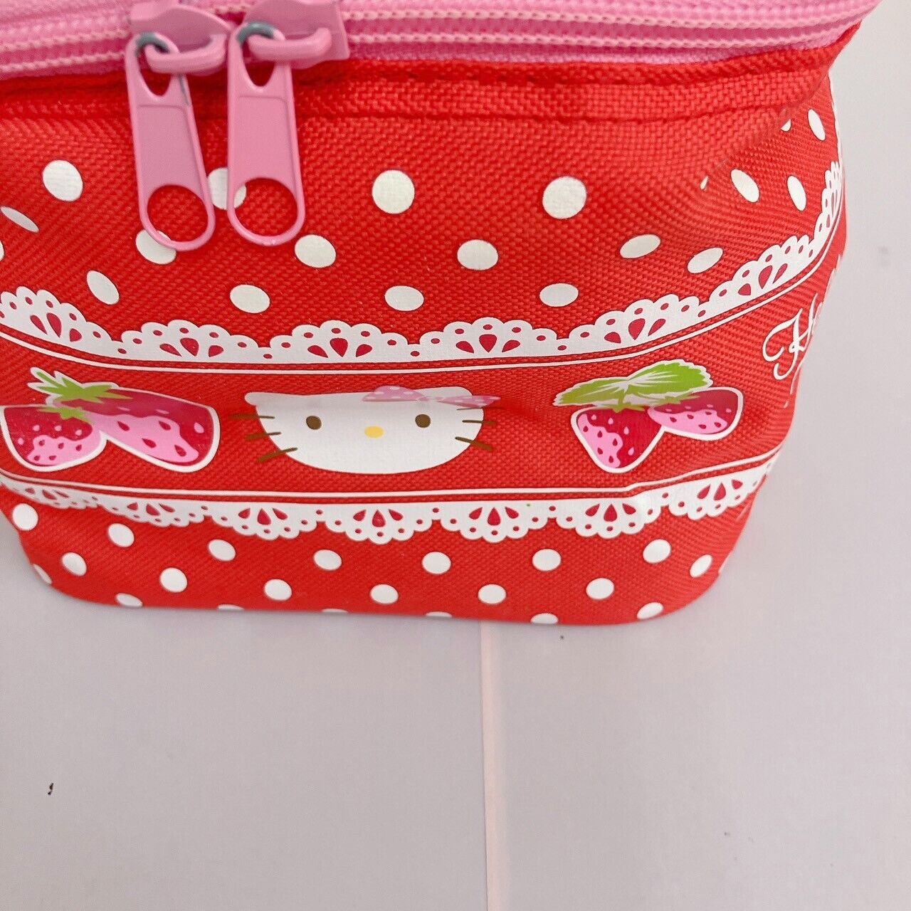 Sanrio Hello Kitty Vanity Pouch Strawberry Red Pink Lace Zipper Dot Kawaii Rare