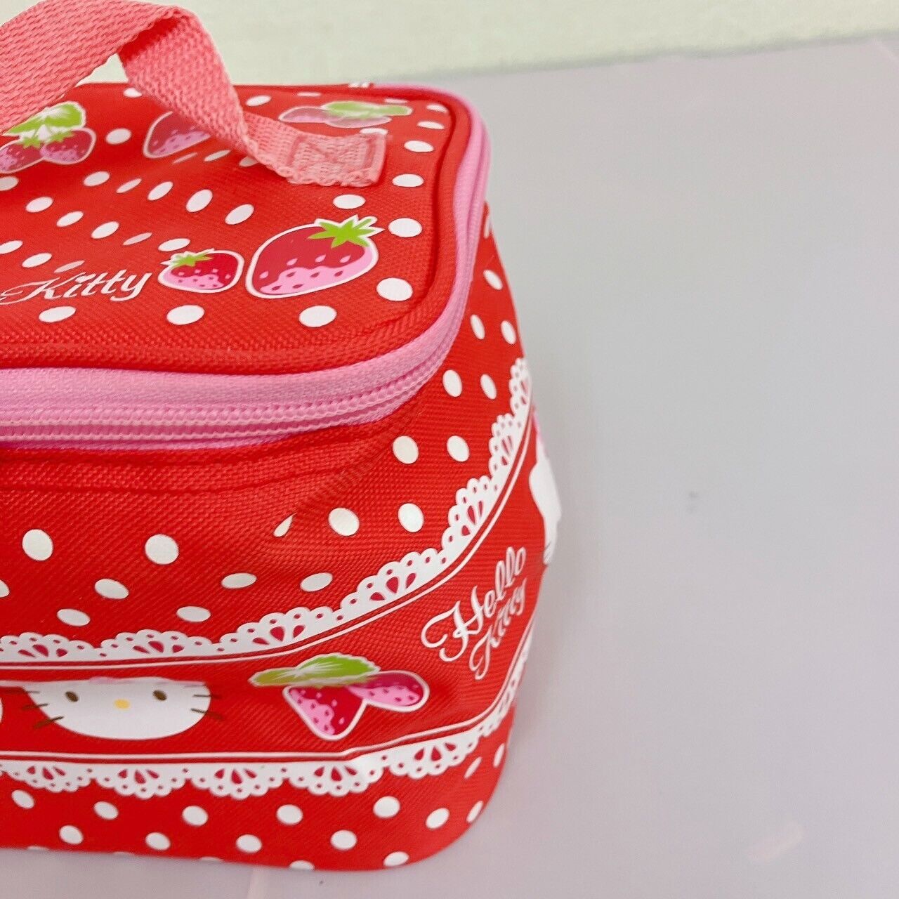 Sanrio Hello Kitty Vanity Pouch Strawberry Red Pink Lace Zipper Dot Kawaii Rare