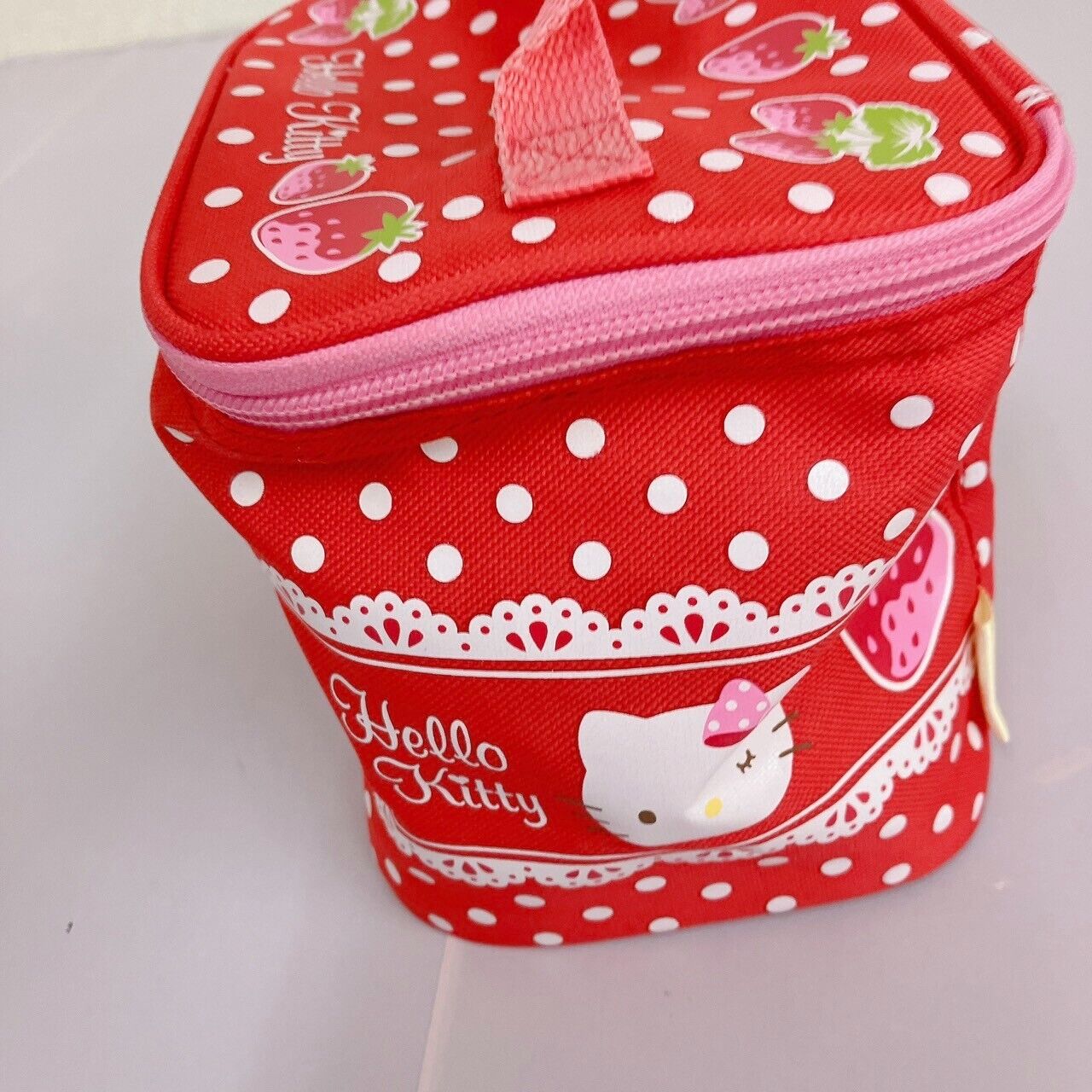 Sanrio Hello Kitty Vanity Pouch Strawberry Red Pink Lace Zipper Dot Kawaii Rare